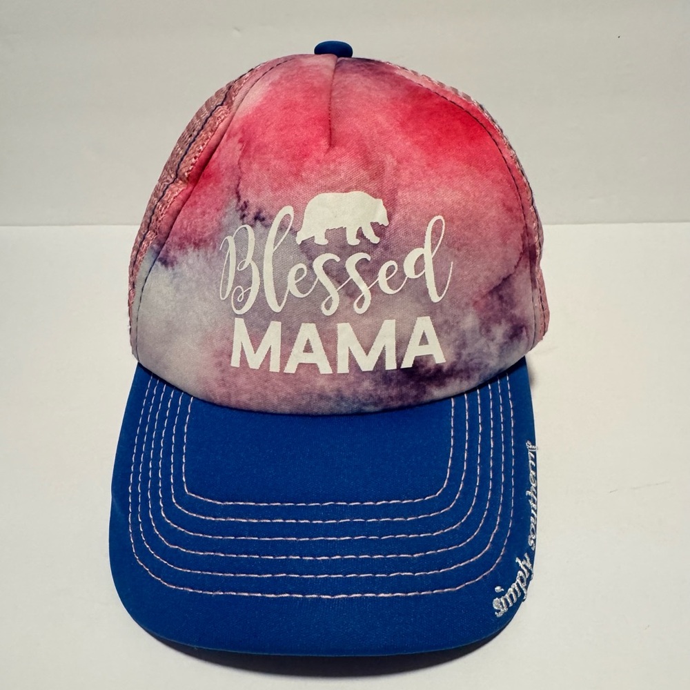 Simply Southern Blessed Mama Tie-Dye Adjustable Women’s Hat Cap Pink Blue Mesh